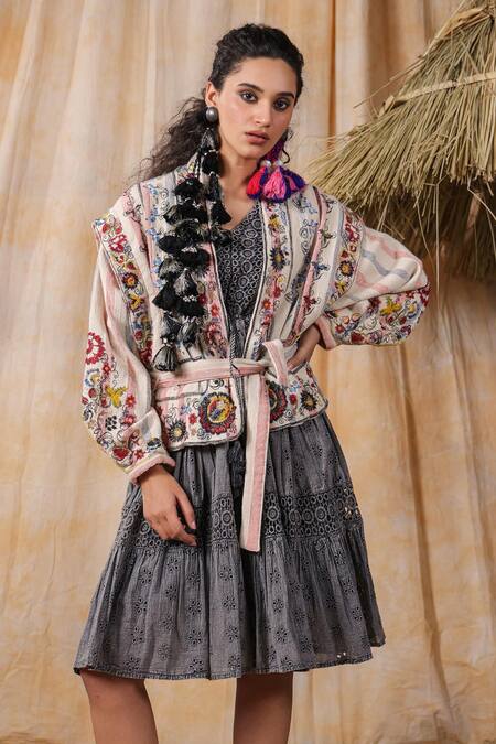 Buy_Nyaro_Multi Color Cotton Embroidery Open Neck Floral Jacket With Belt _Online_at_Aza_Fashions