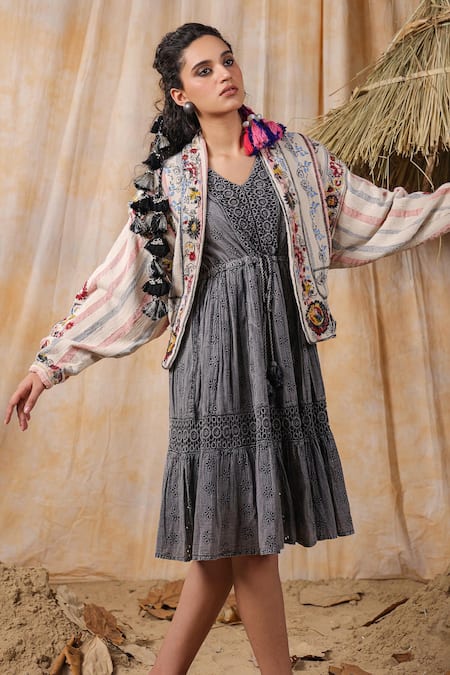 Shop_Nyaro_Multi Color Cotton Embroidery Open Neck Floral Jacket With Belt _Online_at_Aza_Fashions