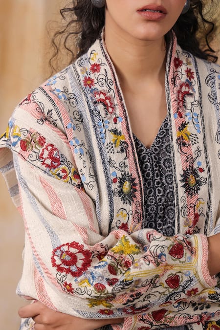 Shop_Nyaro_Multi Color Cotton Embroidery Open Neck Floral Jacket With Belt 