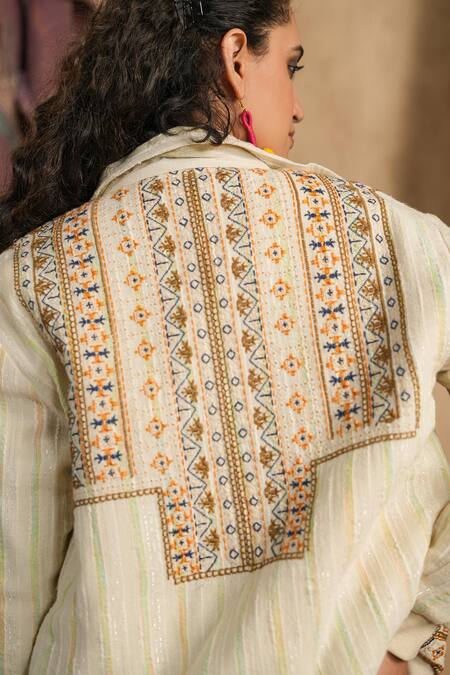 Nyaro_White Cotton, Lurex Embroidery High Neck Geometric Jacket _Online_at_Aza_Fashions