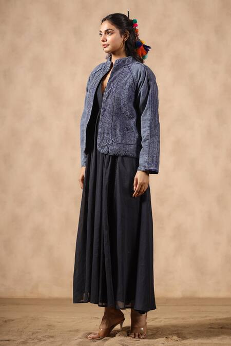 NYARO_Blue Cotton Embroidery Mandarin Collar Thread Work Jacket _Online_at_Aza_Fashions