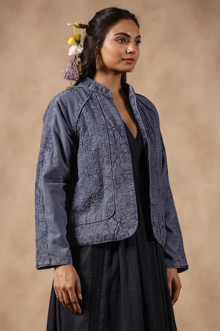 Shop_NYARO_Blue Cotton Embroidery Mandarin Collar Thread Work Jacket _Online_at_Aza_Fashions