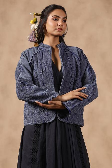 NYARO_Blue Cotton Embroidery Mandarin Collar Thread Work Jacket _at_Aza_Fashions