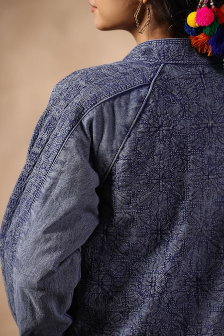Buy_NYARO_Blue Cotton Embroidery Mandarin Collar Thread Work Jacket 