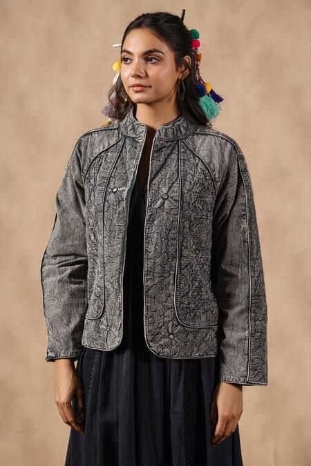 NYARO_Grey Mirrors, Embroidery Mandarin Collar Thread Work Jacket _Online_at_Aza_Fashions