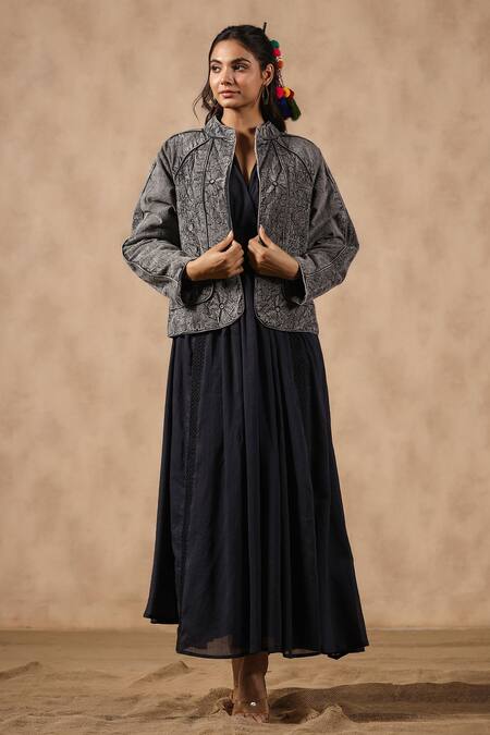 Shop_NYARO_Grey Mirrors, Embroidery Mandarin Collar Thread Work Jacket _Online_at_Aza_Fashions