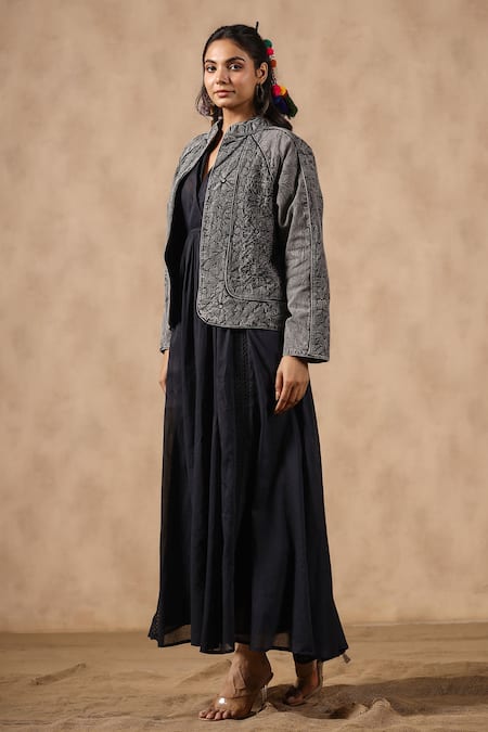 NYARO_Grey Mirrors, Embroidery Mandarin Collar Thread Work Jacket _at_Aza_Fashions