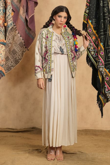 Nyaro_Cream Cotton Embroidery Collared Floral Jacket _Online_at_Aza_Fashions