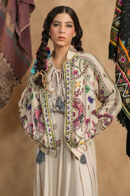 Nyaro_Cream Cotton Embroidery Collared Floral Jacket _at_Aza_Fashions