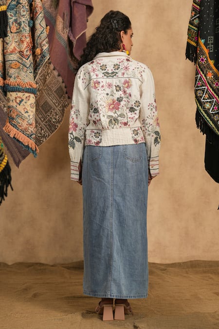 Shop_Nyaro_White Handloom Cotton Embroidery Collared Flower Jacket _at_Aza_Fashions