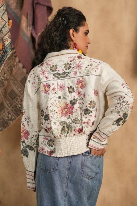 Nyaro_White Handloom Cotton Embroidery Collared Flower Jacket _Online_at_Aza_Fashions