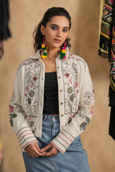 Shop_Nyaro_White Handloom Cotton Embroidery Collared Flower Jacket _Online_at_Aza_Fashions