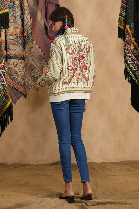 Shop_NYARO_Multi Color Cotton Yard Dyed Woven Stripe High Neck Jacket _at_Aza_Fashions