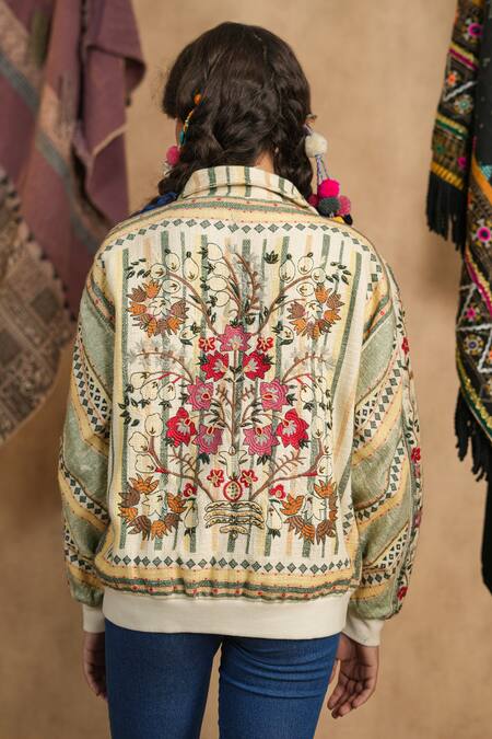 NYARO_Multi Color Cotton Yard Dyed Woven Stripe High Neck Jacket _Online_at_Aza_Fashions