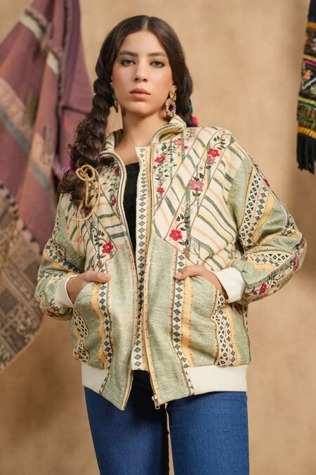 NYARO_Multi Color Cotton Yard Dyed Woven Stripe High Neck Jacket _at_Aza_Fashions