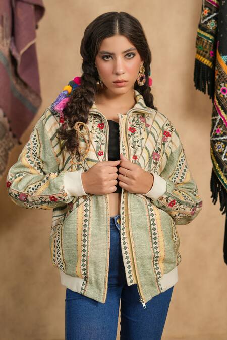 Buy_NYARO_Multi Color Cotton Yard Dyed Woven Stripe High Neck Jacket 