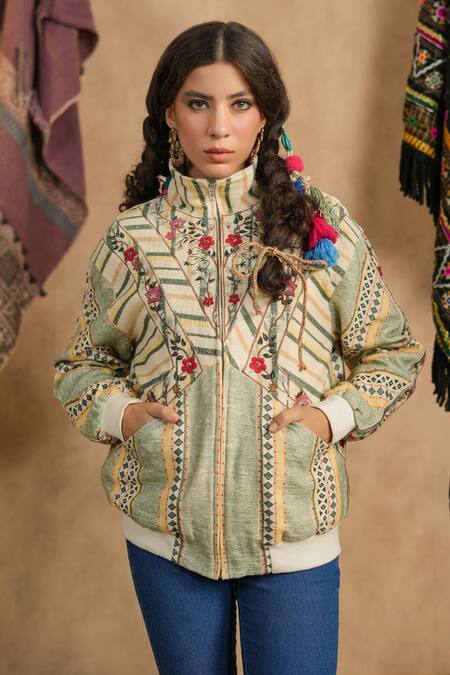 Shop_NYARO_Multi Color Cotton Yard Dyed Woven Stripe High Neck Jacket 