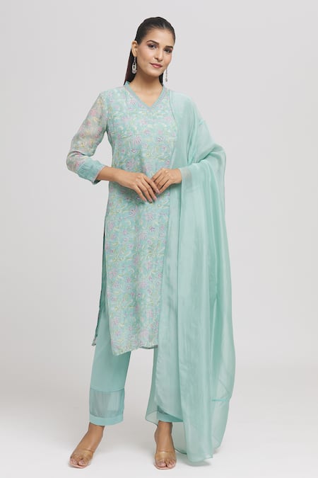 Missprint Green Kurta And Dupatta Organza Hand Block Printed Floral V Neck Pant Set 