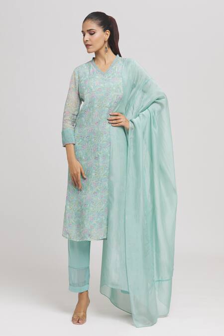 Buy Missprint Green Organza, Cotton Embroidery V-neck Floral Hand Block Print Kurta Pant Set Online at Aza Fashions Buy_Missprint_Green Organza, Cotton Embroidery V-neck Floral Hand Block Print Kurta Pant Set _Online_at_Aza_Fashions