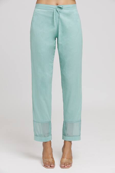 Missprint Green Organza, Cotton Embroidery V-neck Floral Hand Block Print Kurta Pant Set at Aza Fashions Missprint_Green Organza, Cotton Embroidery V-neck Floral Hand Block Print Kurta Pant Set _at_Aza_Fashions