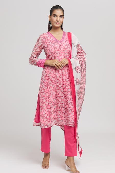 Missprint Pink Kurta And Dupatta Organza Hand Block Printed Floral V Neck Pant Set 