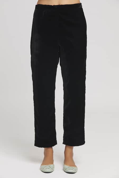 Buy_Missprint_Black Velvet, Chanderi, Cotton Embroidery V-neck Kurta Pant Set _Online_at_Aza_Fashions