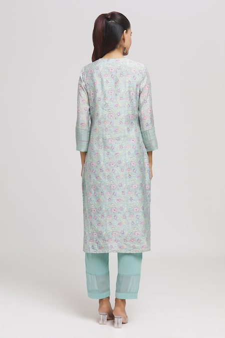 Shop Missprint Green Chanderi, Organza, Cotton Embroidery, Hand Block Print Kurta Pant Set at Aza Fashions Shop_Missprint_Green Chanderi, Organza, Cotton Embroidery, Hand Block Print Kurta Pant Set _at_Aza_Fashions
