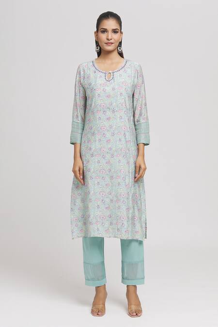 Buy Missprint Green Chanderi, Organza, Cotton Embroidery, Hand Block Print Kurta Pant Set Online at Aza Fashions Buy_Missprint_Green Chanderi, Organza, Cotton Embroidery, Hand Block Print Kurta Pant Set _Online_at_Aza_Fashions
