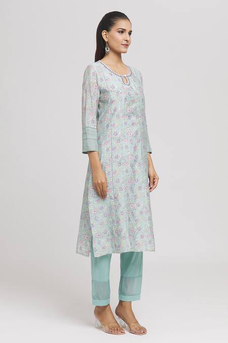 Shop Missprint Green Chanderi, Organza, Cotton Embroidery, Hand Block Print Kurta Pant Set Online at Aza Fashions Shop_Missprint_Green Chanderi, Organza, Cotton Embroidery, Hand Block Print Kurta Pant Set _Online_at_Aza_Fashions