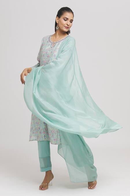 Missprint Green Chanderi, Organza, Cotton Embroidery, Hand Block Print Kurta Pant Set at Aza Fashions Missprint_Green Chanderi, Organza, Cotton Embroidery, Hand Block Print Kurta Pant Set _at_Aza_Fashions
