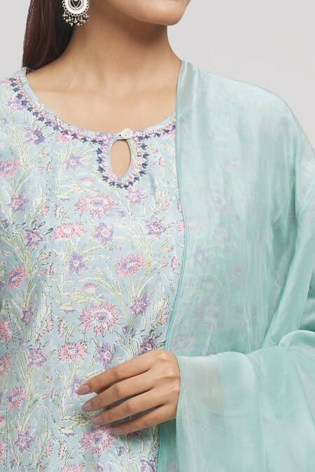 Buy Missprint Green Chanderi, Organza, Cotton Embroidery, Hand Block Print Kurta Pant Set Buy_Missprint_Green Chanderi, Organza, Cotton Embroidery, Hand Block Print Kurta Pant Set