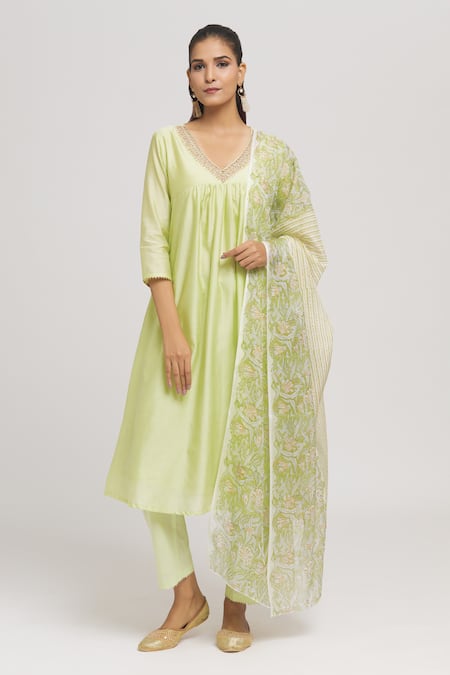 Missprint Neck Embroidered Kurta Pant Set 