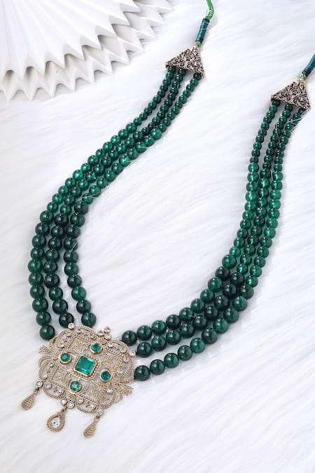 Shop_Cosa Nostraa_Green Elegant Triple Layered Mala _at_Aza_Fashions
