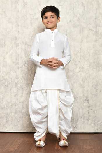 Buy_Petite Pomme_White Cotton, Silk Plain Kurta And Dhoti Pant Set _Online_at_Aza_Fashions