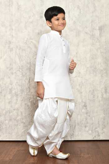 Shop_Petite Pomme_White Cotton, Silk Plain Kurta And Dhoti Pant Set _Online_at_Aza_Fashions