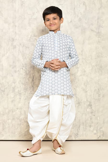 Petite Pomme_Gray Cotton Embroidery Chikankari Work Kurta And Dhoti Pant Set _Online_at_Aza_Fashions