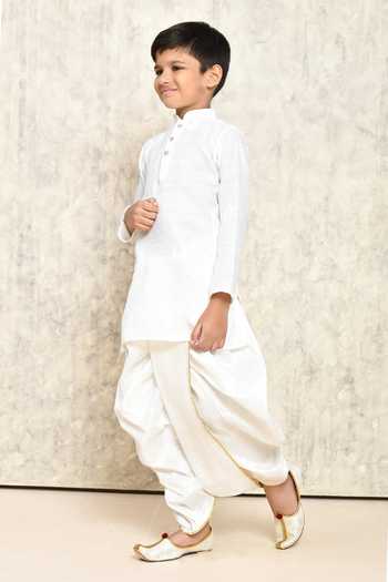 Shop_Petite Pomme_White Polyester Buttoned Placket Kurta And Dhoti Pant Set _Online_at_Aza_Fashions