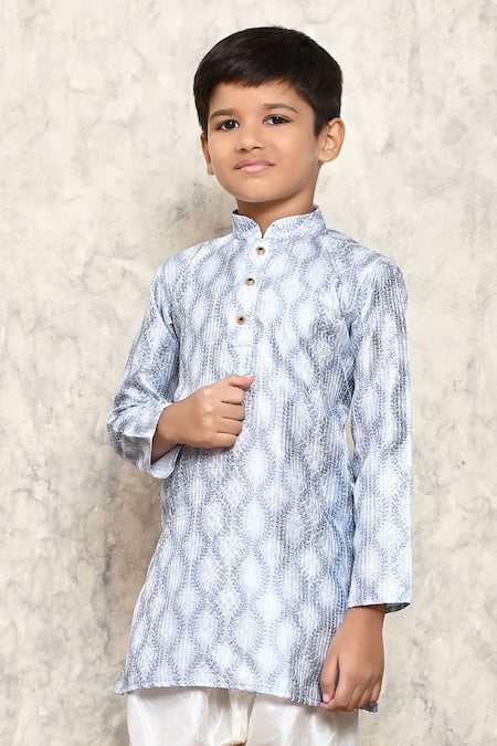 Buy_Petite Pomme_Grey Polyester Sequins Foliage Crest Print Thread Work Kurta Set _Online_at_Aza_Fashions