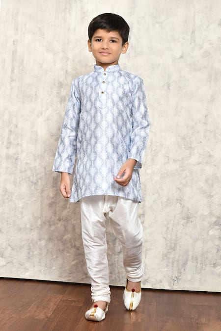 Shop_Petite Pomme_Grey Polyester Sequins Foliage Crest Print Thread Work Kurta Set _Online_at_Aza_Fashions