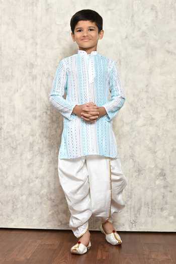 Buy_Petite Pomme_Green Georgette, Cotton Fabric Flowers Embroidered Kurta And Dhoti Pant Set _Online_at_Aza_Fashions