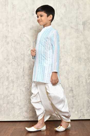 Shop_Petite Pomme_Green Georgette, Cotton Fabric Flowers Embroidered Kurta And Dhoti Pant Set _Online_at_Aza_Fashions