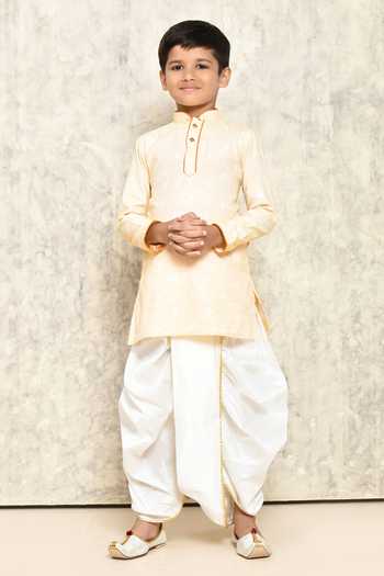 Petite Pomme_Peach Jacquard, Cotton Woven Kurta And Dhoti Pant Set _Online_at_Aza_Fashions