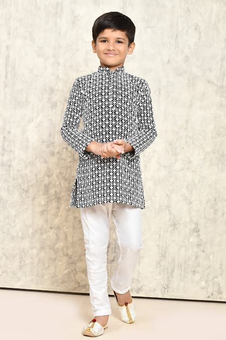 Shop_Petite Pomme_Black Cotton Embroidery Vintage Thread Kurta Set _Online_at_Aza_Fashions