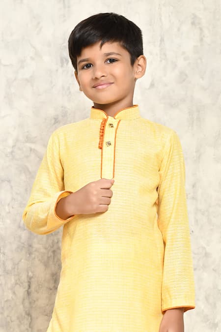 Shop_Petite Pomme_Yellow Cotton Stippled Pattern Kurta Set _Online_at_Aza_Fashions
