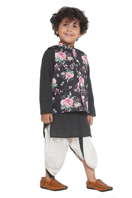 Little Bansi_Black Cotton Embroidery Rose Print Bundi Kurta Set _Online_at_Aza_Fashions