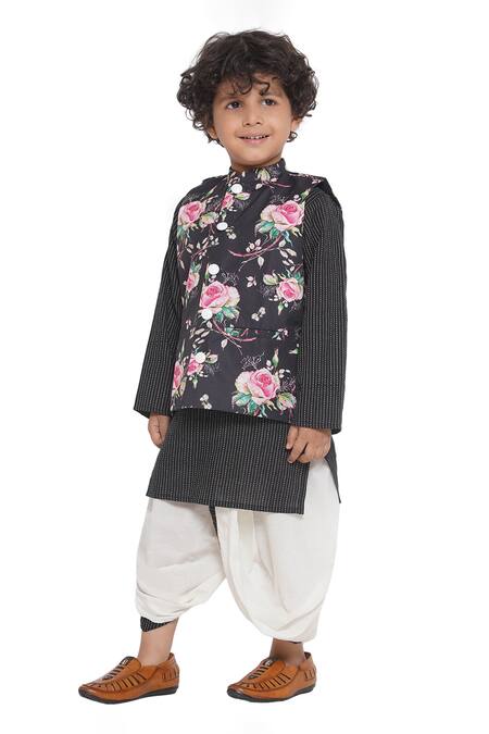 Buy_Little Bansi_Black Cotton Embroidery Rose Print Bundi Kurta Set _Online_at_Aza_Fashions