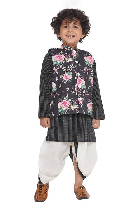 Shop_Little Bansi_Black Cotton Embroidery Rose Print Bundi Kurta Set _Online_at_Aza_Fashions
