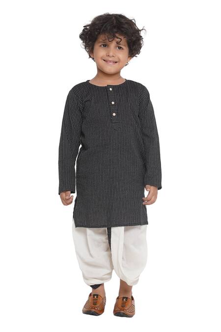 Little Bansi_Black Cotton Embroidery Rose Print Bundi Kurta Set _at_Aza_Fashions