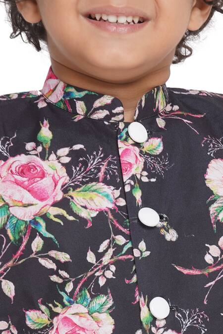 Buy_Little Bansi_Black Cotton Embroidery Rose Print Bundi Kurta Set 