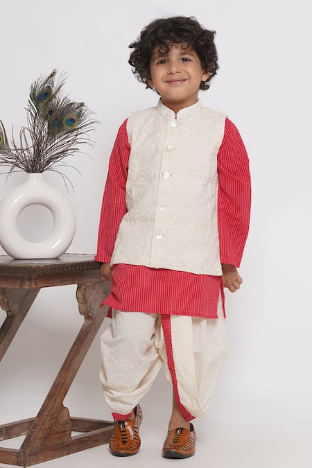 Little Bansi Red Cotton Gota Patti, Embroidery Threadwork Kurta Set With Bundi